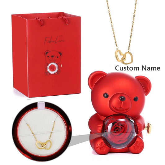 Eternal Rose Teddy Bear Gift Box with Rotating Necklace